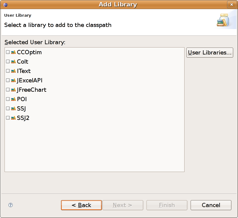 A dialog box giving the opportunity to choose user libraries to add on the build path. The user needs to toggle the check box next to each library to add.