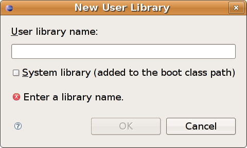 A dialog box with a field for entering the name of a new user library.