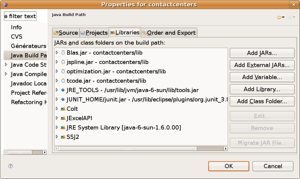 A dialog box showing the libraries in the build path of a project.