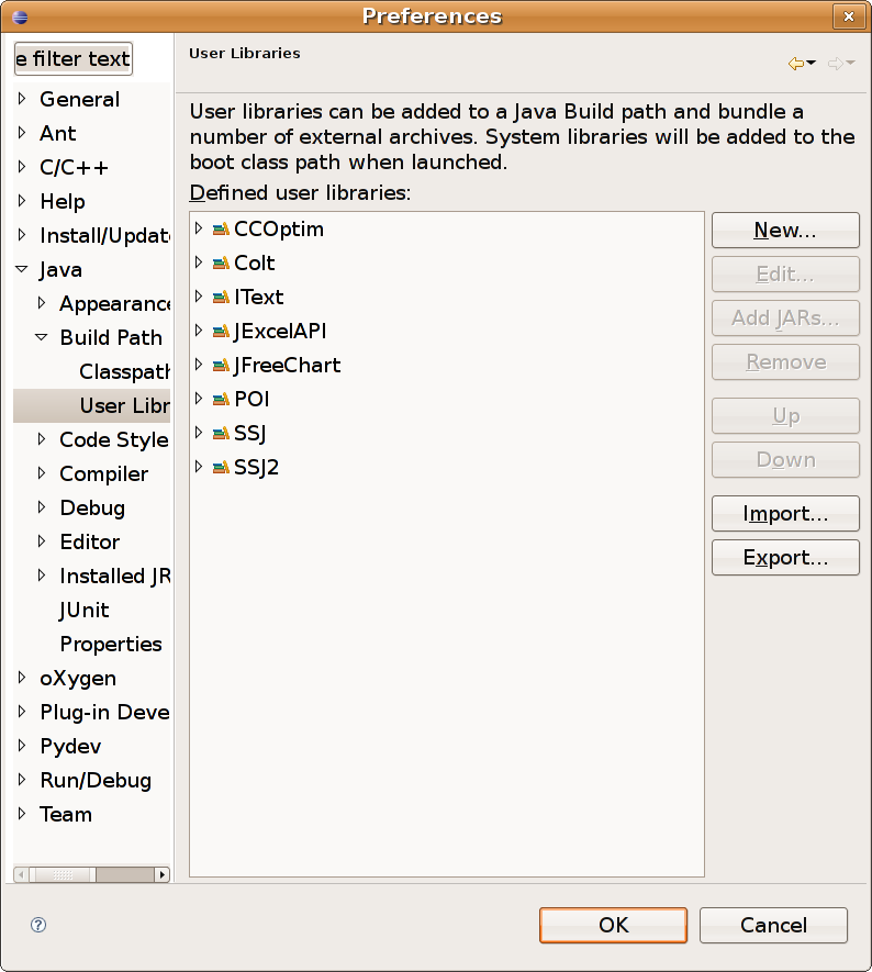 A dialog box listing all installed user libraries. A triangle at the left of each item in the list can be used to expand the item and show the JARs forming the library.