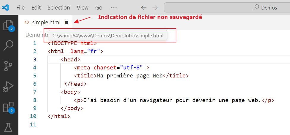 Fichier simple.html dans VSCode.