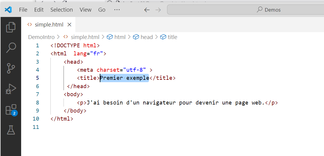 Visualisation du fichier <i>simple.html</i> dans VSCode.