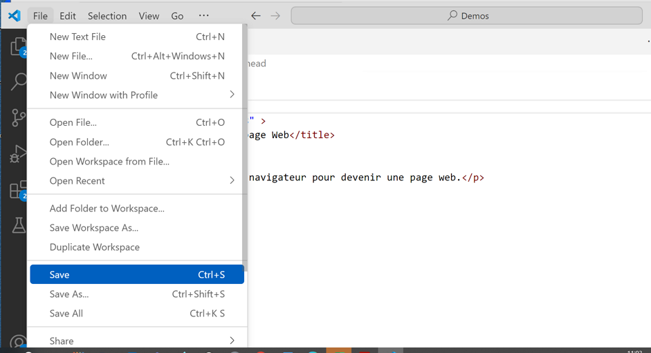 Sauvegarde du fichier simple.html dans VSCode .