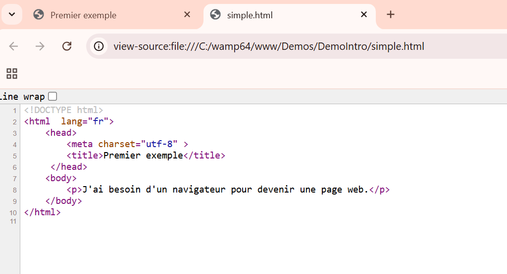Visualisation du code source HTML dans Chrome.