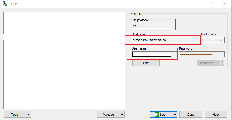 Dans winscp, les données nécessaires pour la connection à distance avec le serveur du laboratoire.