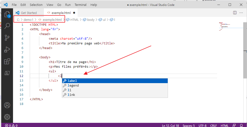 Fichier exemple.html dans VSCode.