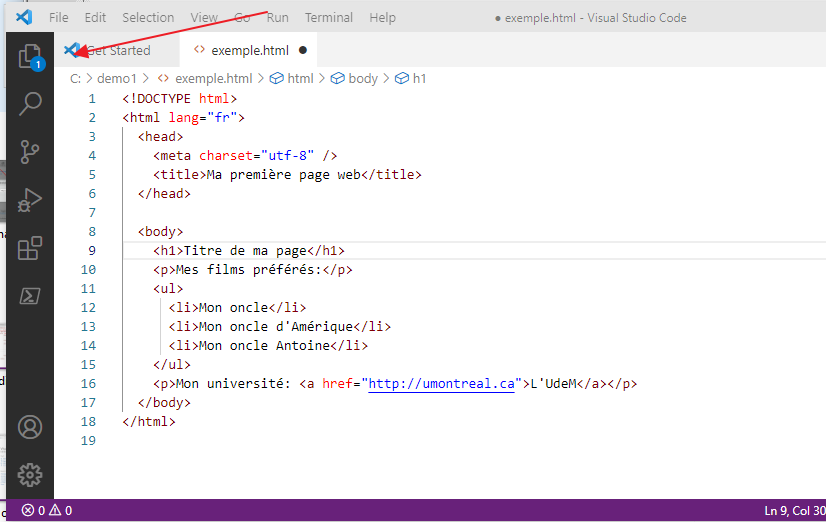 Fichier exemple.html dans VSCode avec l'icône qui indique qu'il n'est pas sauvegardé.