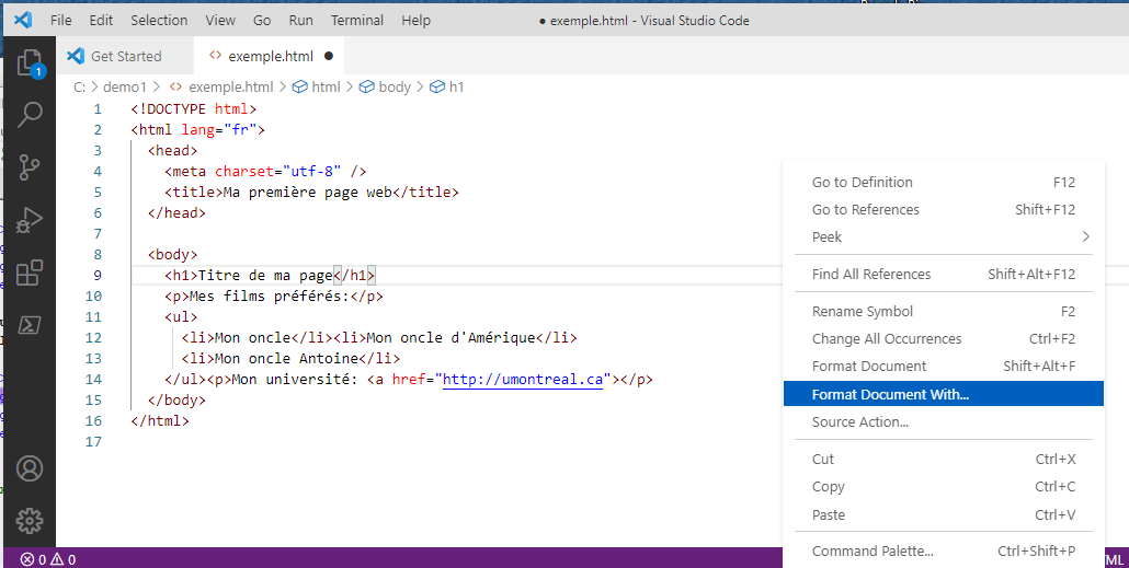 Sélection de l'option pour faire l'indentation du fichier exemple.html dans VSCode .