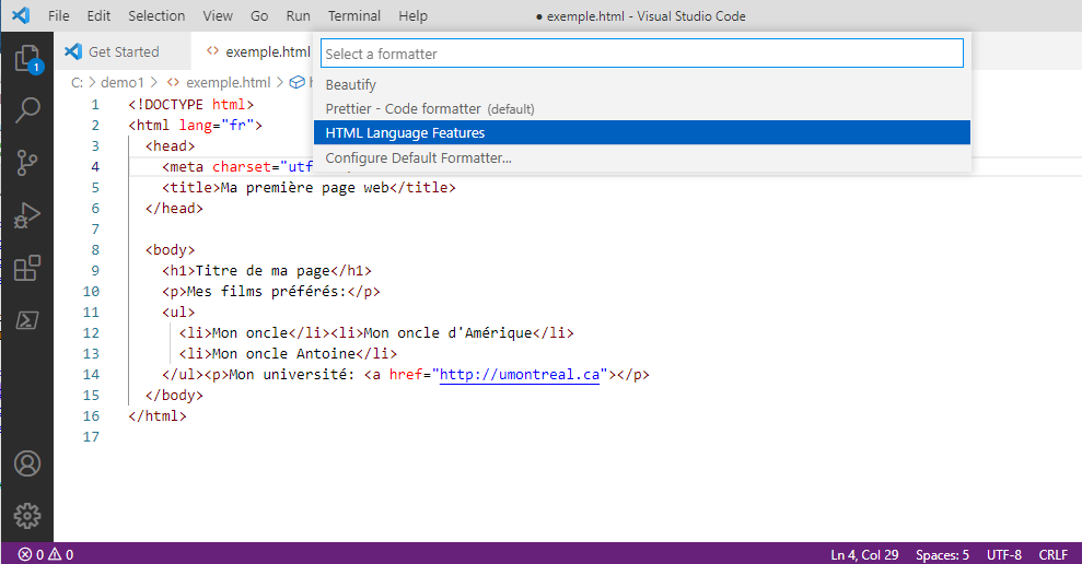 Sélection de type de format pour faire l'indentation du fichier exemple.html dans VSCode .