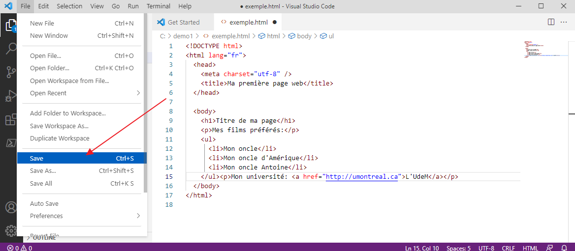 Sauvegarde du fichier exemple.html dans VSCode .